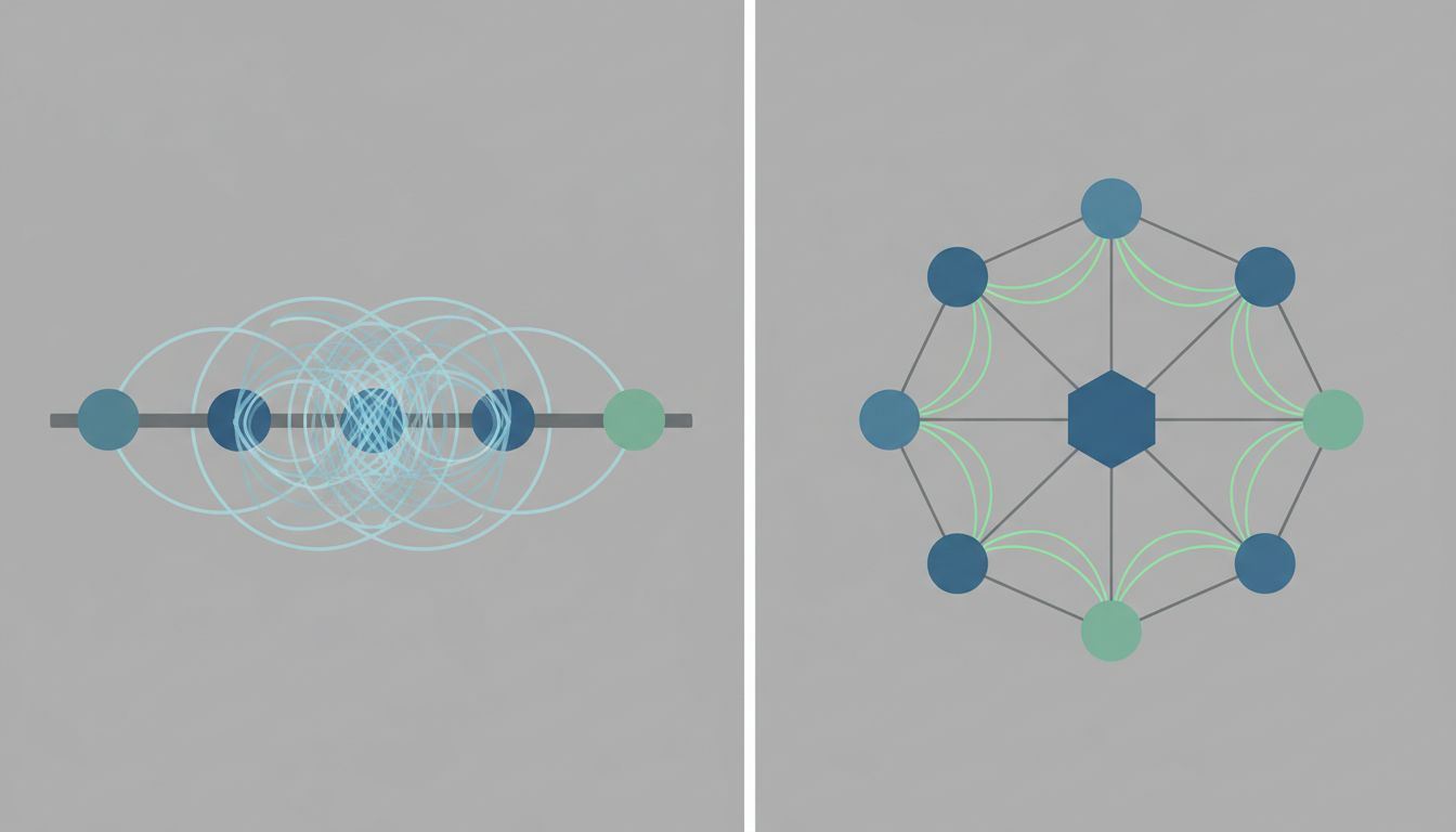 Side-by-side diagram contrasting shared-bus Ethernet topology with modern switched full-duplex topology