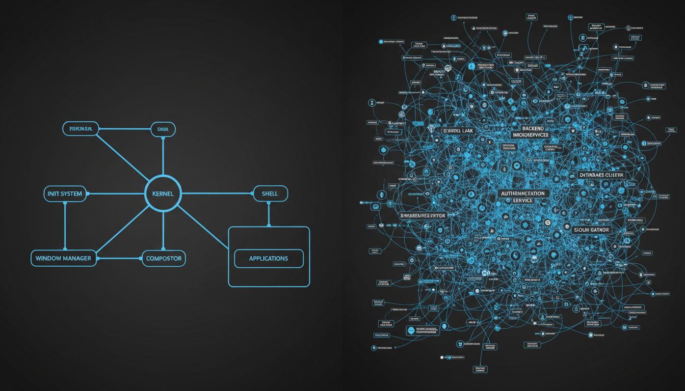 Side-by-side comparison of a minimal software architecture versus a complex modern application dependency graph