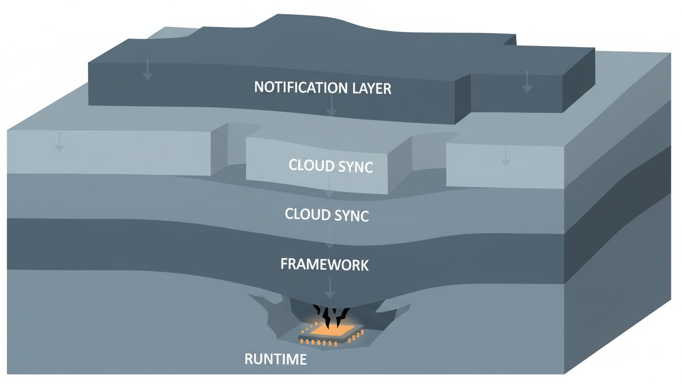 Diagram showing software abstraction layers pressing down on hardware like geological strata