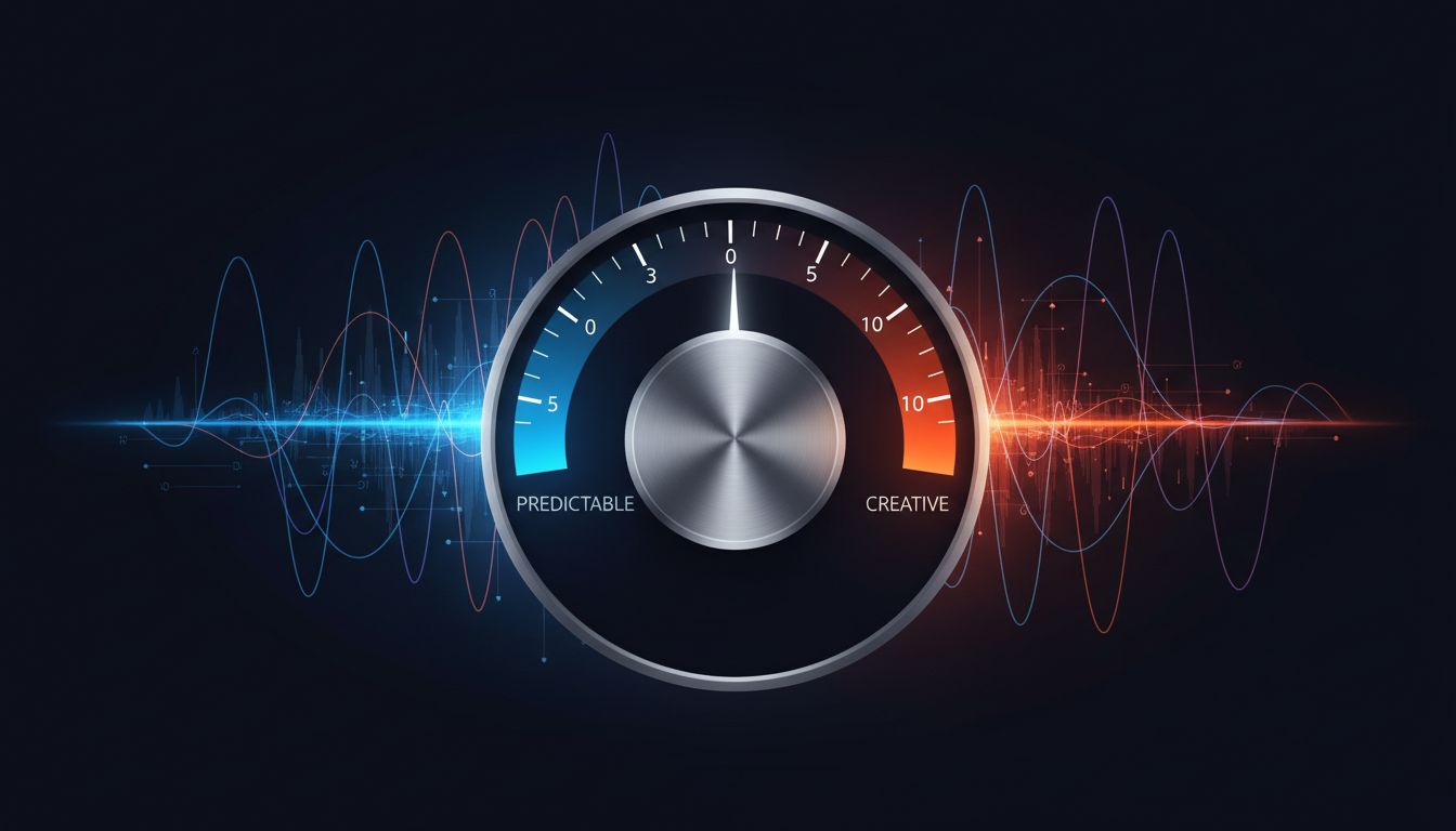 Abstract illustration of a temperature dial controlling a spectrum from predictable to creative output