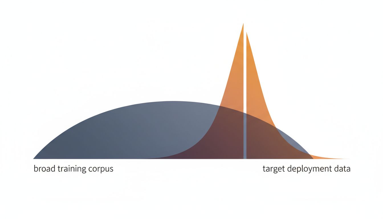 Diagram showing distribution mismatch between a wide training corpus and a narrow target deployment distribution