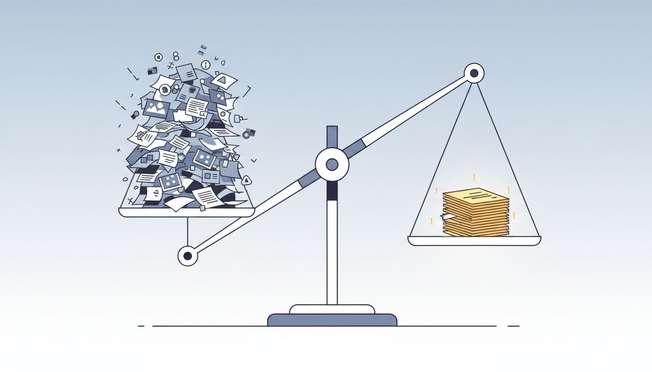 Illustration of a scale where a small stack of clean data outweighs a large pile of noisy, mixed data