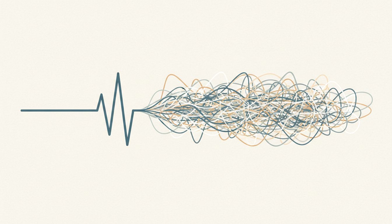 Illustration of a clear signal becoming obscured by increasing noise, representing how useful instructions get lost in large AI context windows