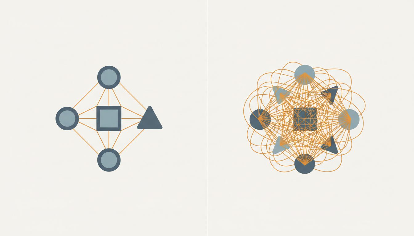 Diagram contrasting a focused, minimal set of inputs against a large cluttered set of inputs, illustrating the difference in signal clarity