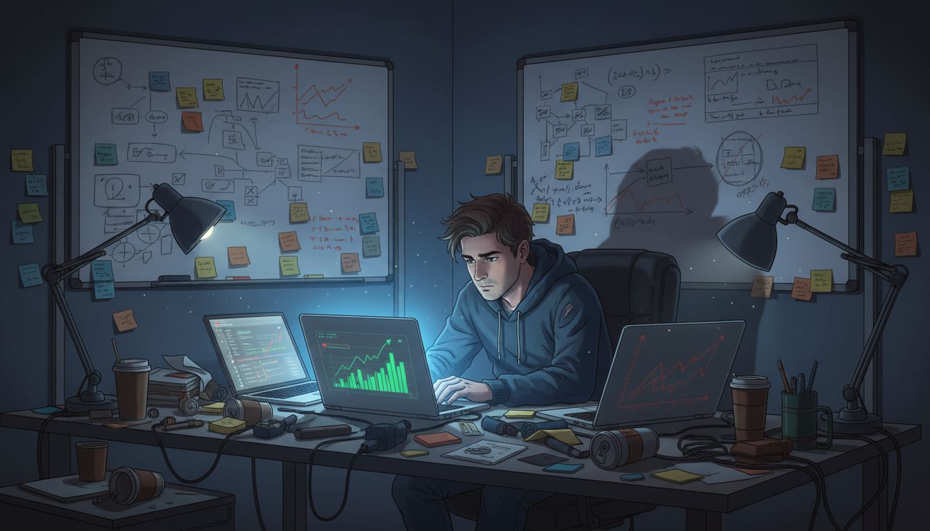 A founder working late surrounded by the evidence of multiple startup attempts, one screen showing signs of breakthrough