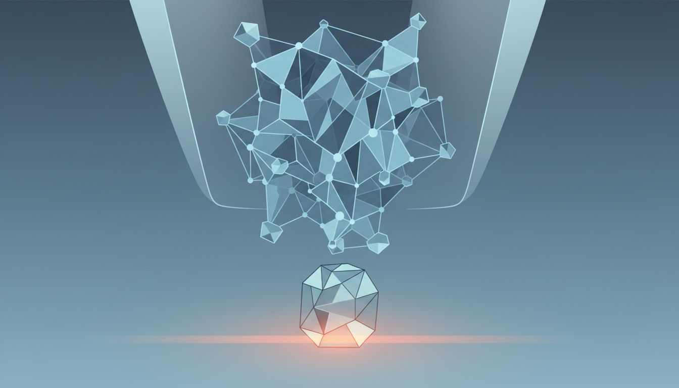Abstract illustration of a large complex structure being distilled into a smaller, more refined form
