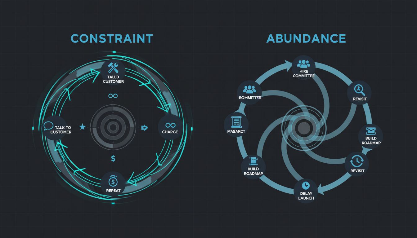Diagram comparing the fast feedback loop of constrained startups versus the slow loop of well-funded ones