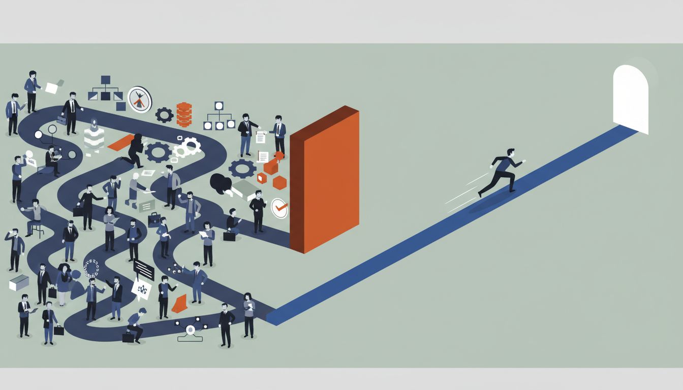 Illustration of two maze paths, one wide and crowded leading nowhere, one narrow and direct reaching the exit