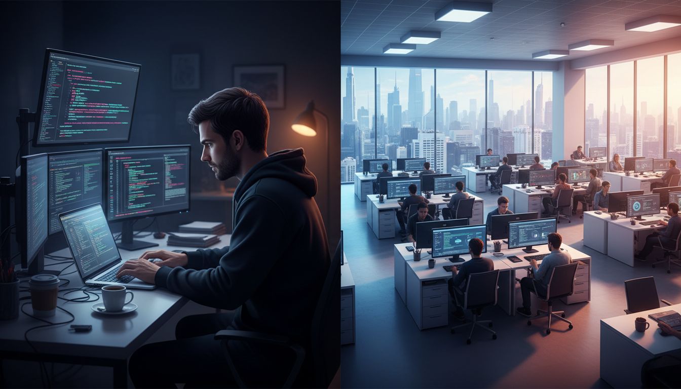 A tech founder coding alone at night juxtaposed with a large engineering office full of developers