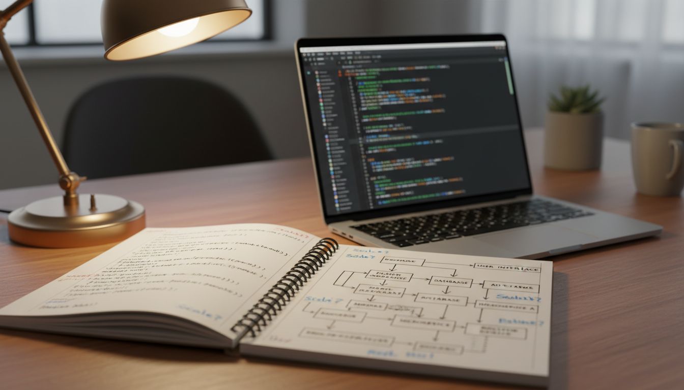 Handwritten pseudocode and system diagrams in a notebook next to a laptop displaying a code editor