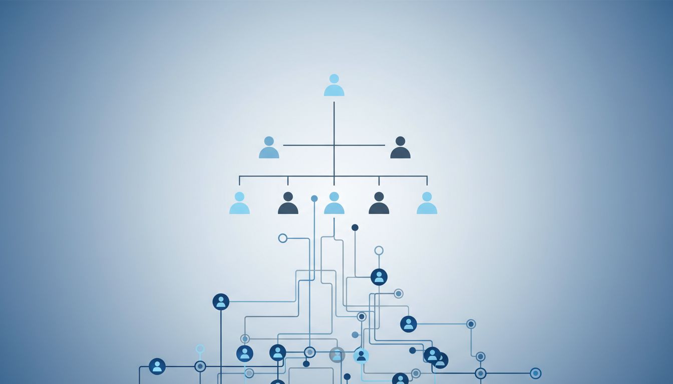 An abstract diagram showing how software architecture decisions flow upward into organizational structure and business outcomes