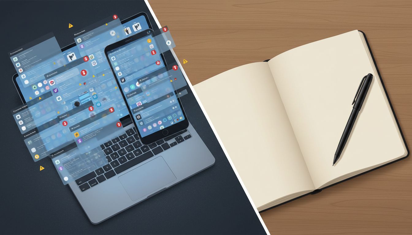 Split image comparing a screen covered in notification badges with a clean, empty notebook page