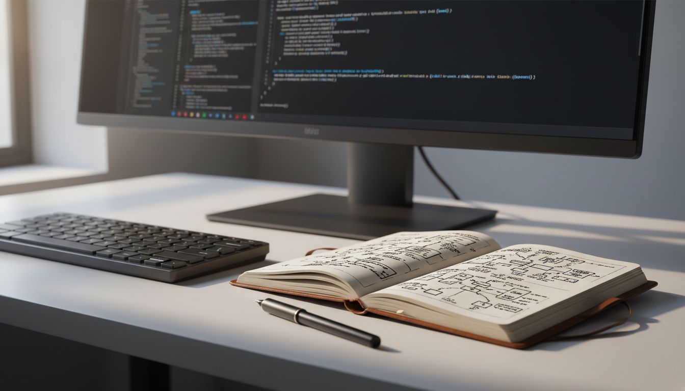 Developer desk showing a coding setup alongside a paper notebook filled with hand-drawn architecture diagrams