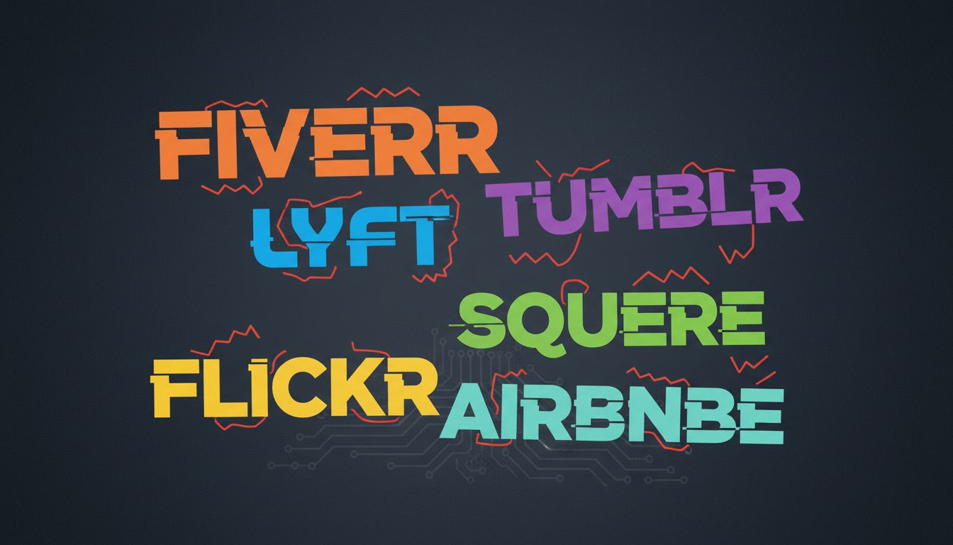 Intentionally misspelled startup brand names displayed boldly with spell-check underlines, illustrating the counterintuitive naming strategy used by successful tech companies