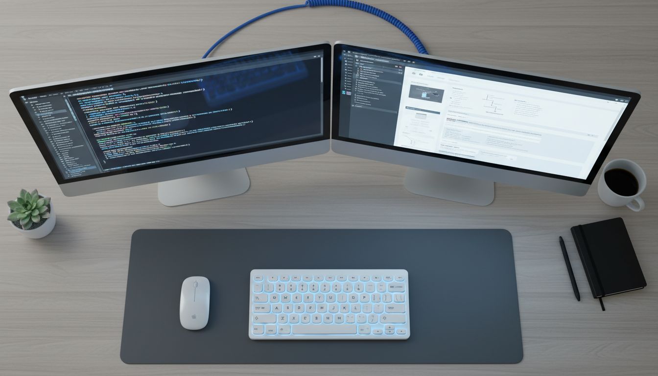 Dual monitor setup showing code editor and documentation side by side on a developer's desk