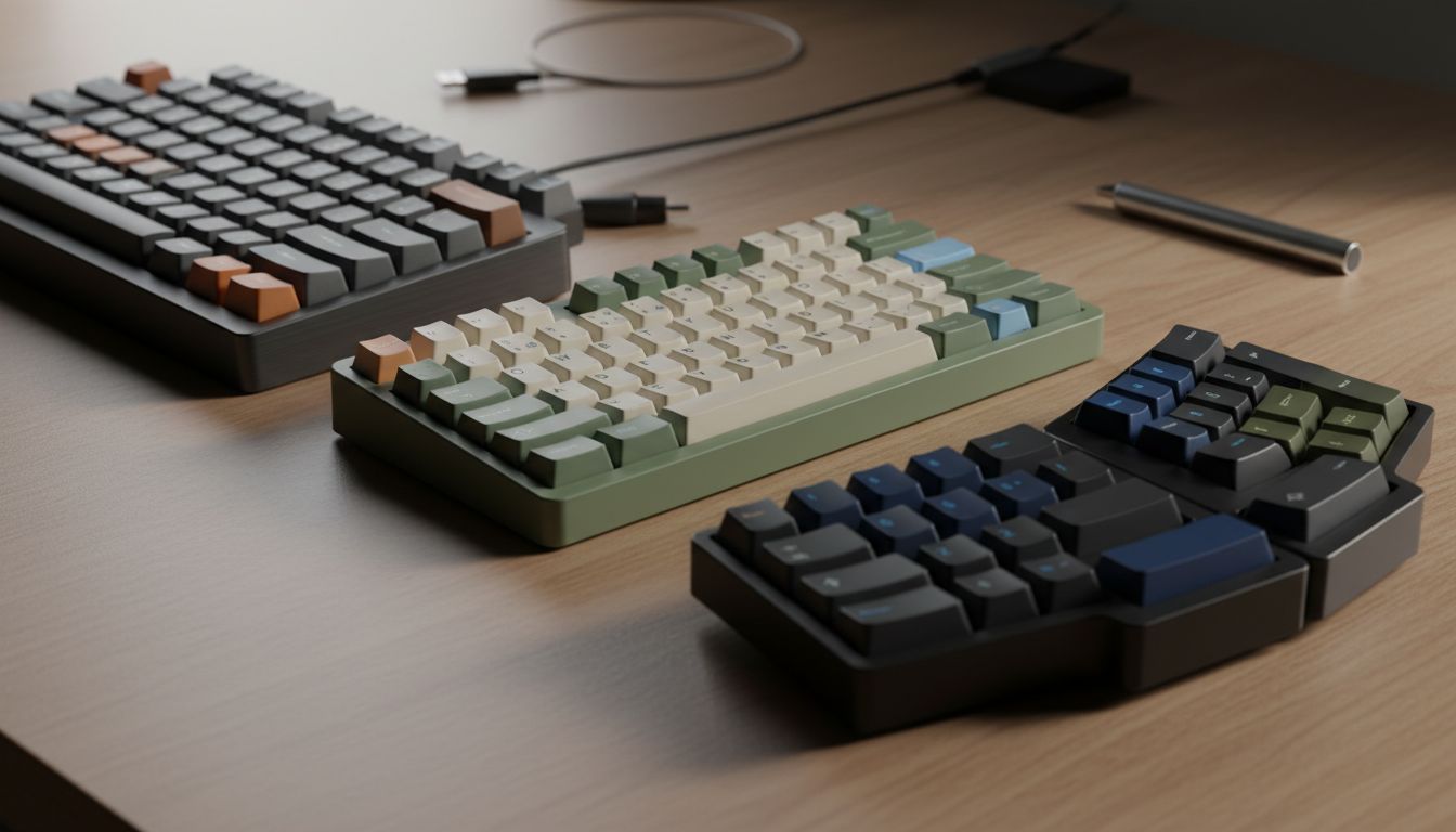 Three different keyboards side by side showing distinct layouts and designs used for separate cognitive tasks