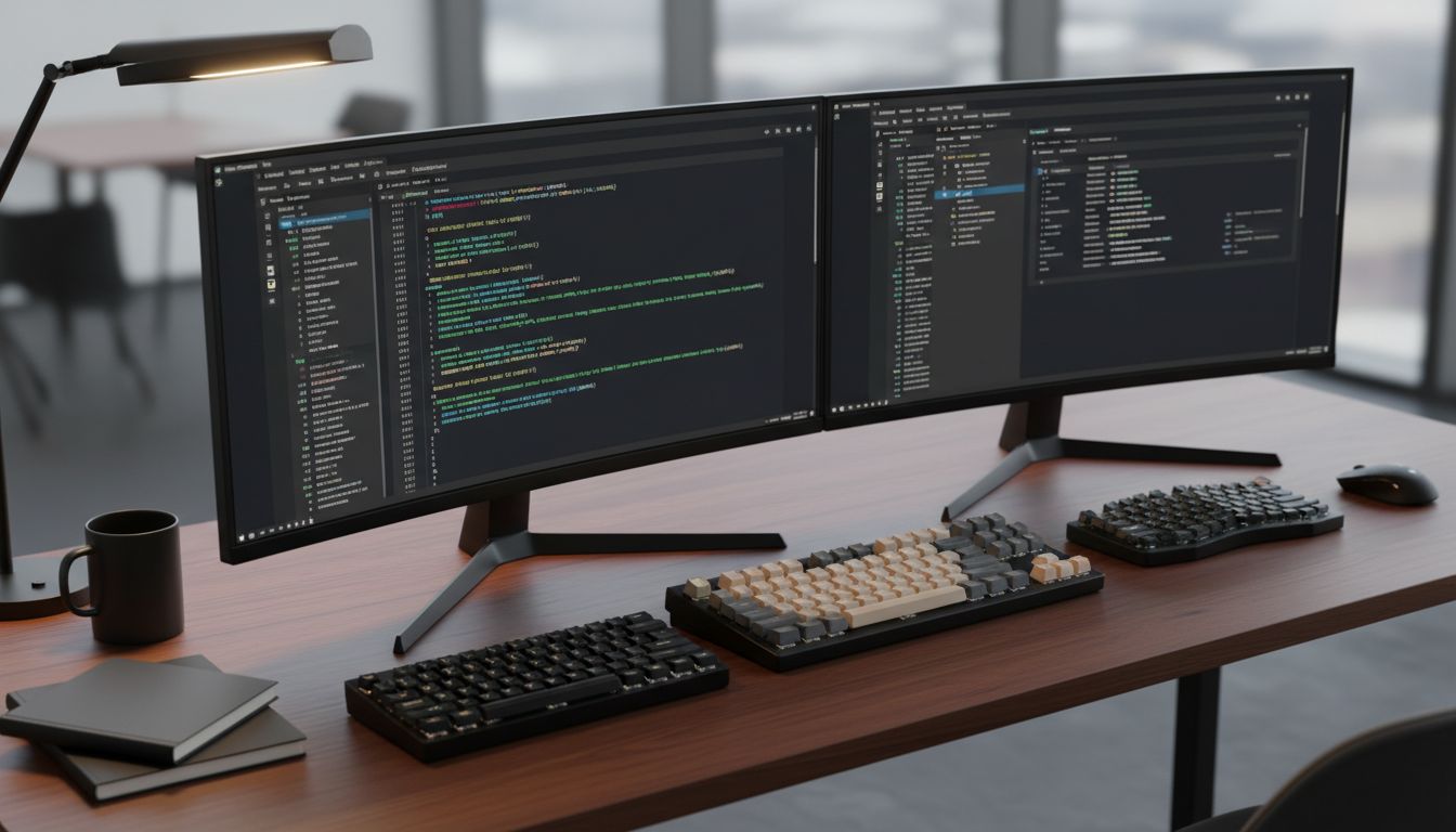 A developer's desk setup with two monitors and three different keyboards arranged for distinct cognitive tasks