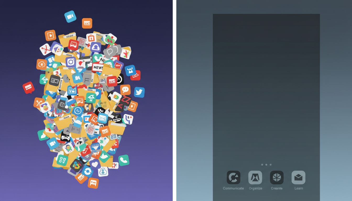 Comparison between a cluttered app-heavy smartphone home screen and a minimal clean home screen with few apps