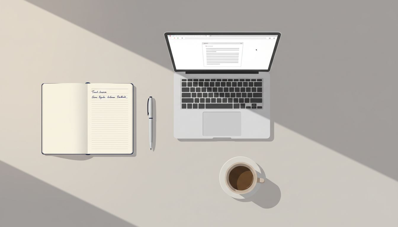 Minimal desk setup with notebook, pen, and laptop representing a low-overhead productive workflow