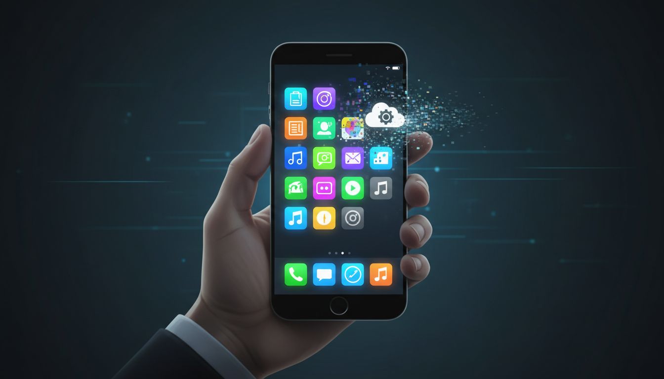 A smartphone screen with app icons fading away, representing digital minimalism and app deletion as a productivity strategy