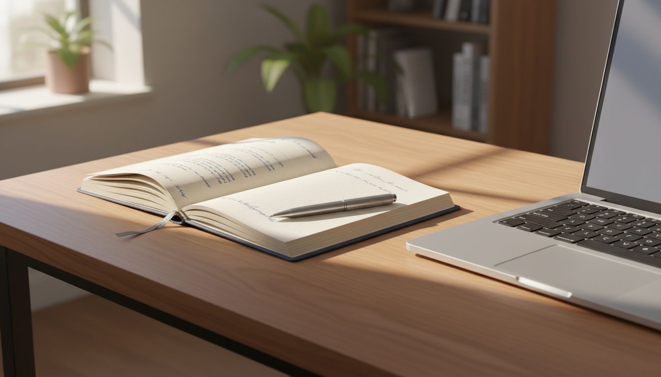 Open notebook beside a laptop on a clean desk representing a deliberate, distraction-free workspace