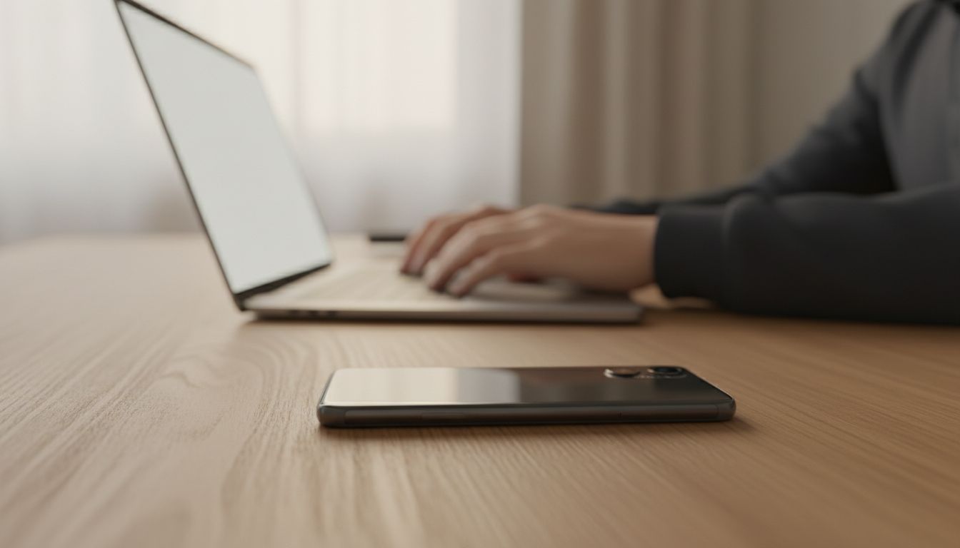 Phone placed face-down away from a work laptop to reduce distraction