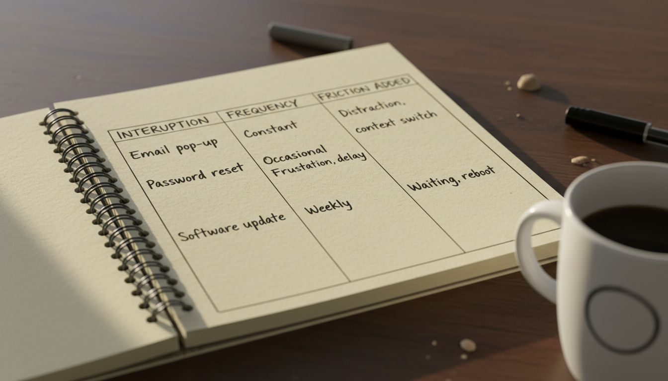 Handwritten friction audit notebook showing columns for tracking interruptions and deliberate friction added