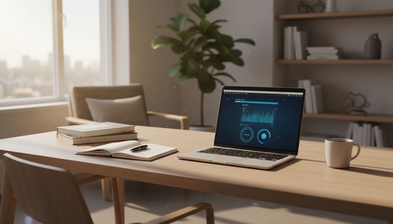 Minimalist remote work desk setup with notebook and laptop, no distractions visible