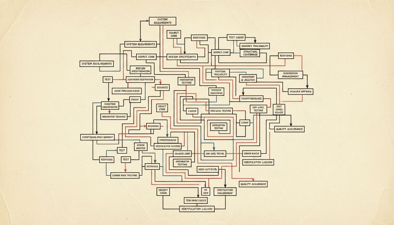 Flowchart diagram illustrating the complexity of aviation software certification under DO-178C