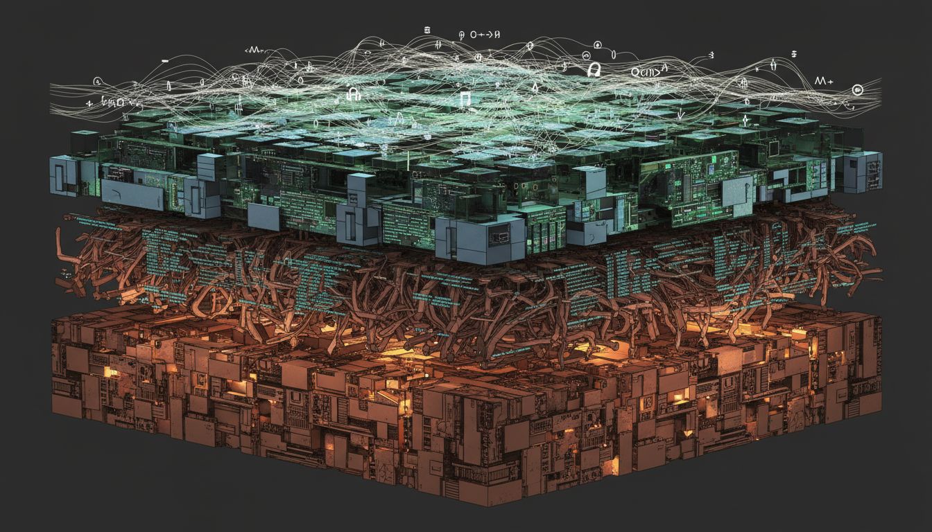 Cross-section illustration showing software reliability increasing with age, depicted as geological strata