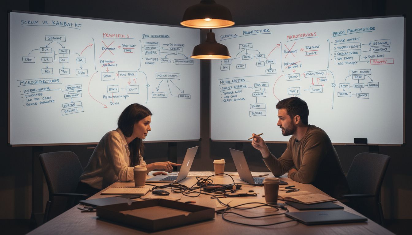 Two startup co-founders debating strategy late at night in a startup office