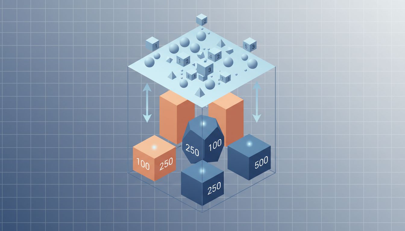 Abstract illustration showing a priority queue where small urgent items float to the top while large important blocks sink to the bottom