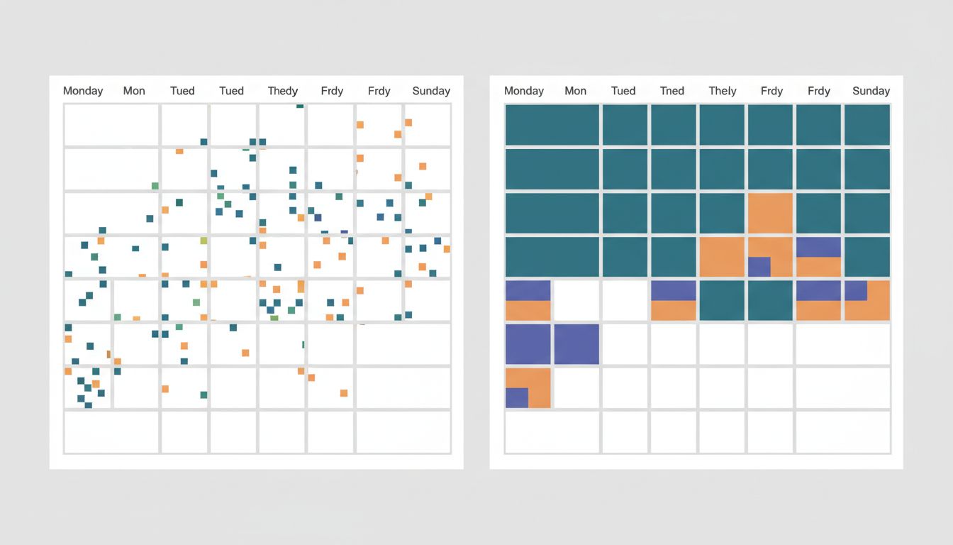Two calendar diagrams side by side: left shows fragmented scattered blocks throughout each day, right shows large protected morning blocks with meetings consolidated in afternoons