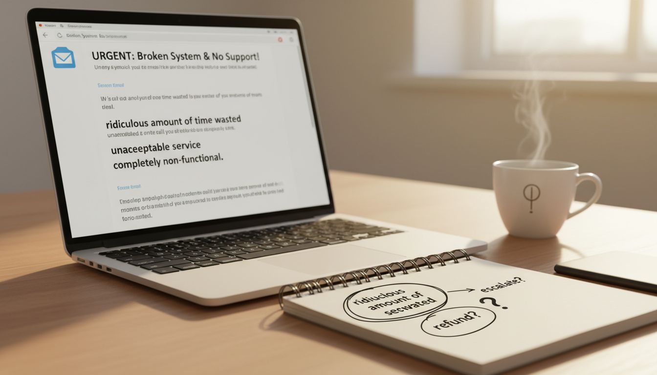 Founder taking handwritten notes from a customer complaint email on their laptop