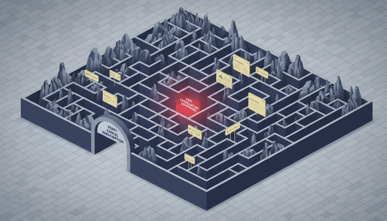 A subscription cancellation flow visualized as a maze with the exit deliberately obscured and surrounded by dead ends
