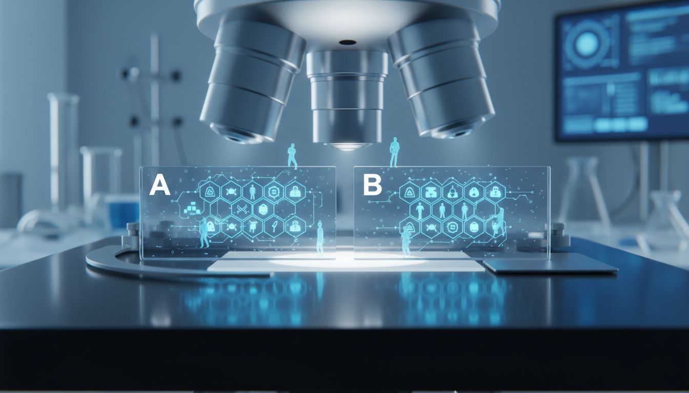 Two interface variants shown as laboratory experiment slides, with tiny unaware users inside each one
