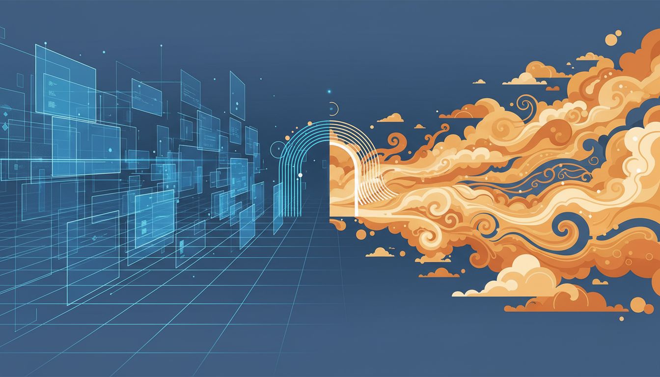 Abstract illustration contrasting focused desk work with open, wandering cognition