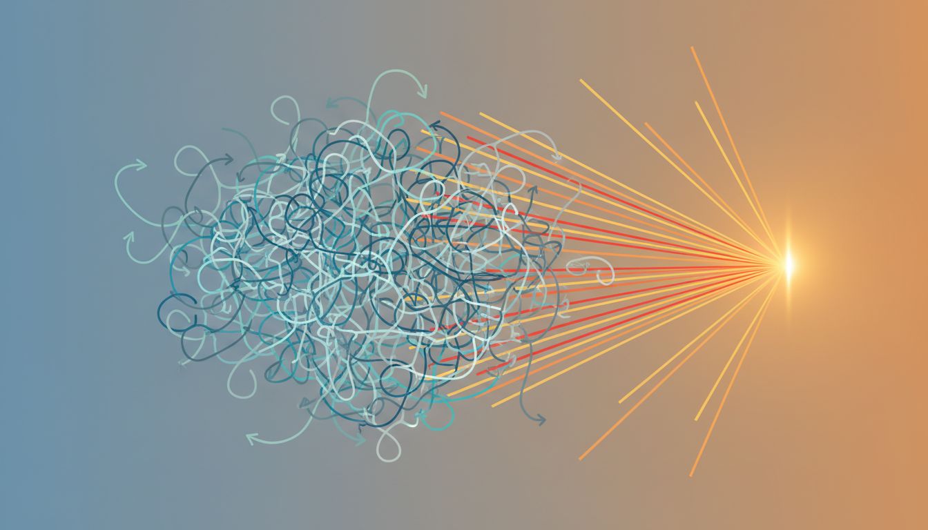 Side-by-side diagram contrasting open-ended deliberation with focused commitment, shown as diverging versus converging arrows
