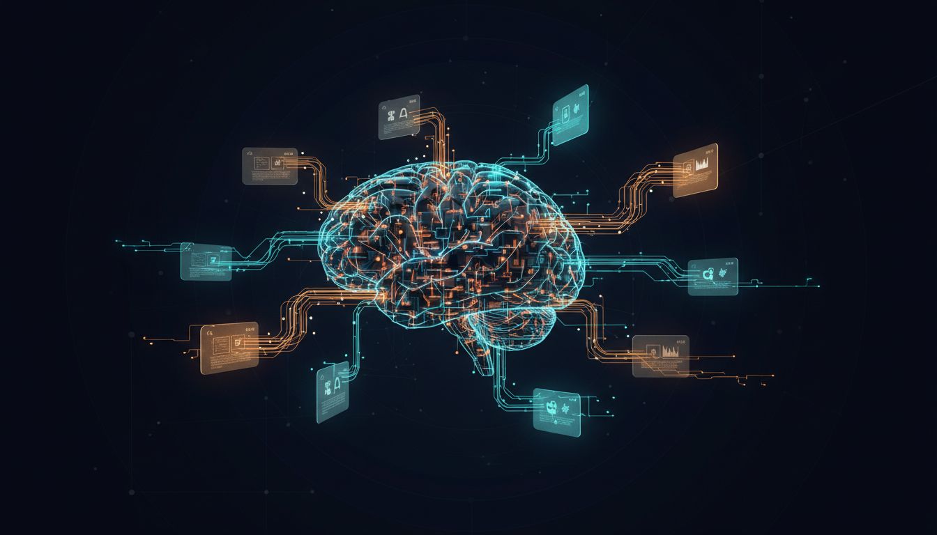 Stylized brain with glowing neural threads still connected to multiple partially completed task bubbles, representing attention residue