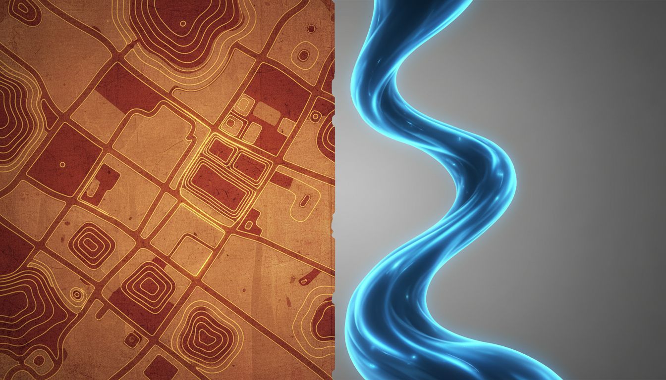 Abstract illustration contrasting spatial memory-rich physical reading with the featureless scroll of digital text