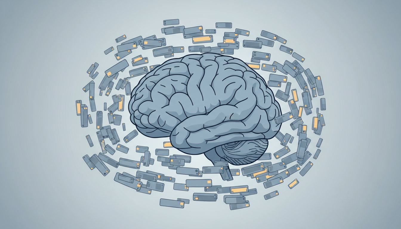 Abstract illustration of a brain surrounded by orbiting browser tab rectangles, suggesting cognitive overload