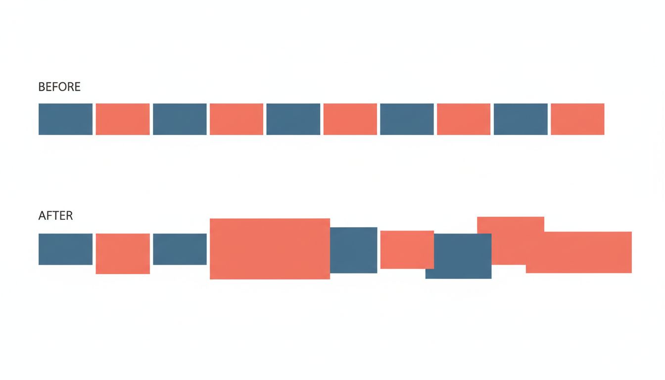 Two horizontal timelines comparing planned equal task blocks against the reality of tasks that overlap and extend beyond their scheduled time