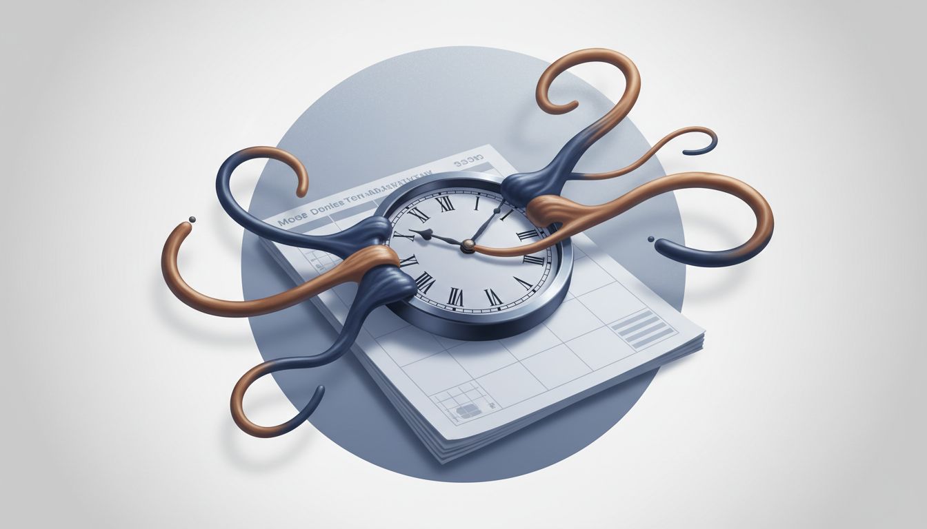 A clock with stretched, distorted hands extending beyond the clock face onto a calendar page, illustrating how time estimates expand beyond their planned boundaries