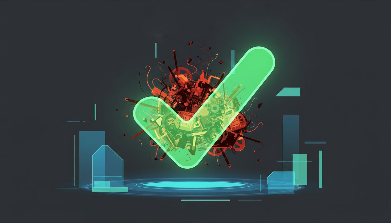 A glowing green checkmark rendered transparent, revealing broken machinery behind it