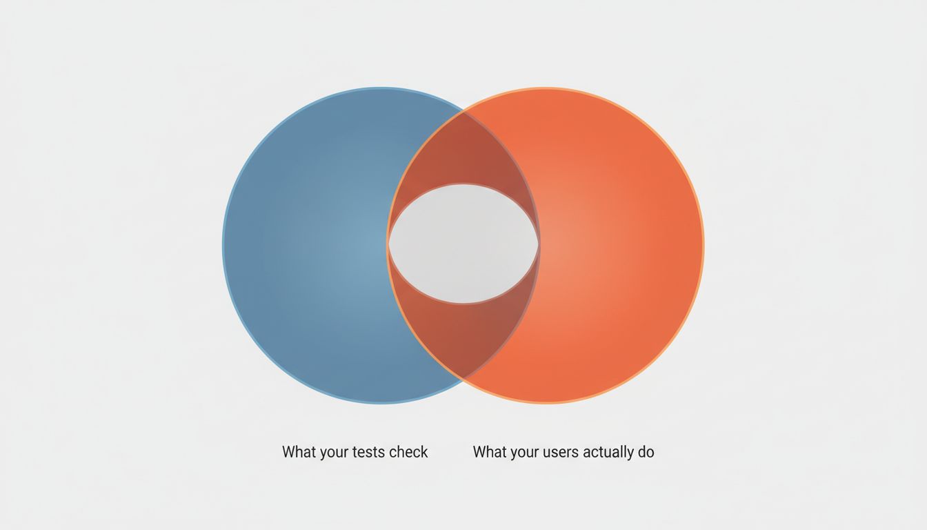 Venn diagram showing the small overlap between what automated tests check and what users actually do