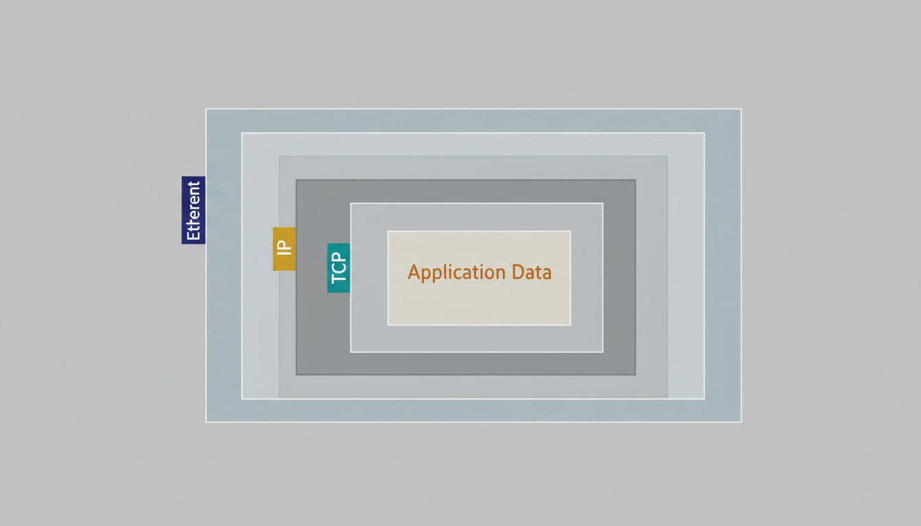 Diagram of network packet encapsulation showing TCP, IP, and Ethernet headers wrapping application data