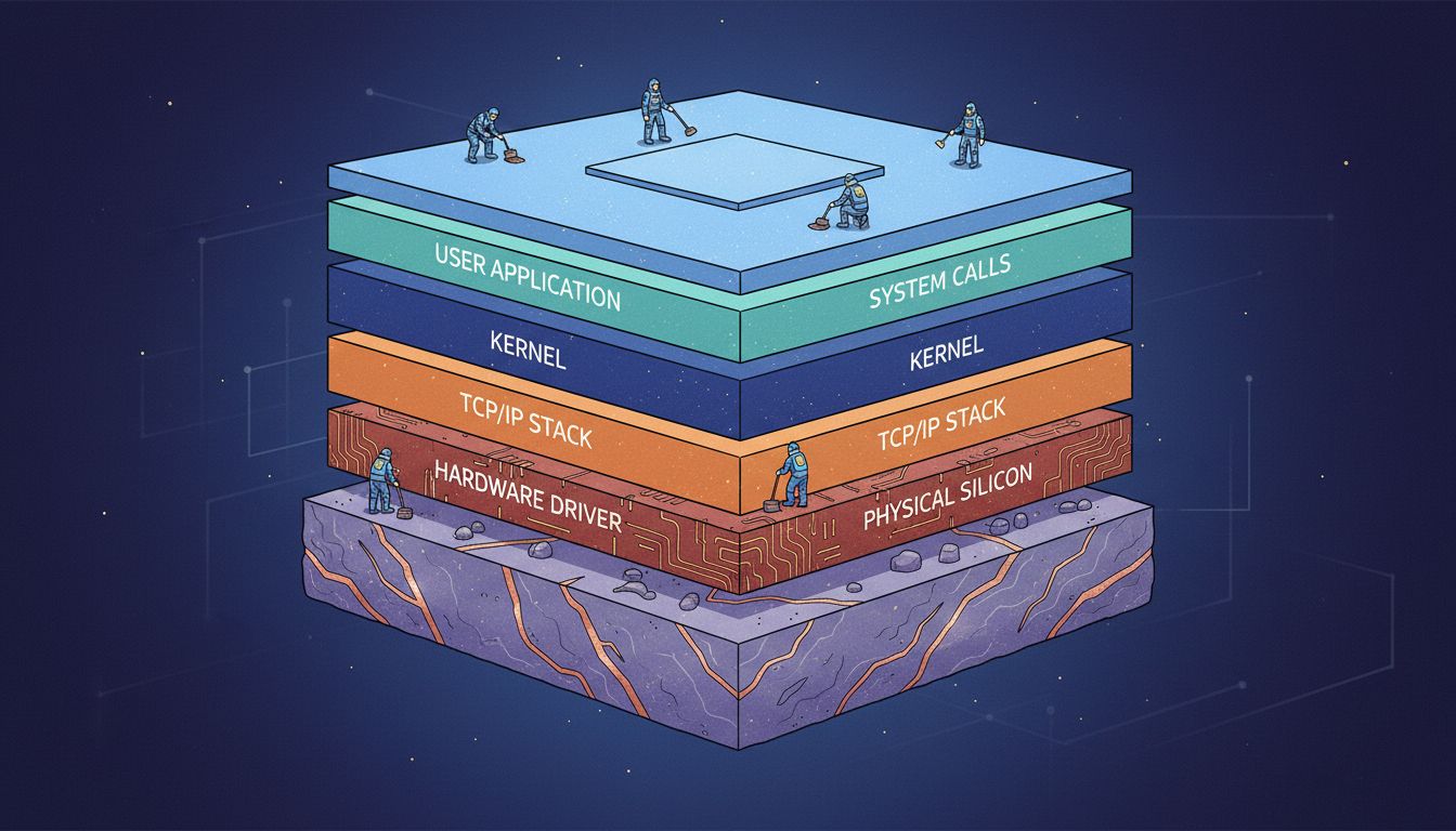 Cross-section illustration of CPU and networking stack layers from application to hardware