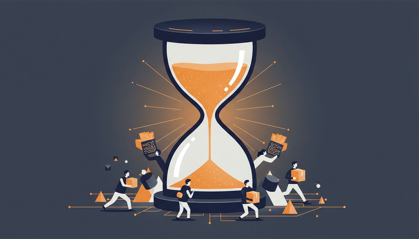 An hourglass nearly drained of sand, with small figures scrambling at its base