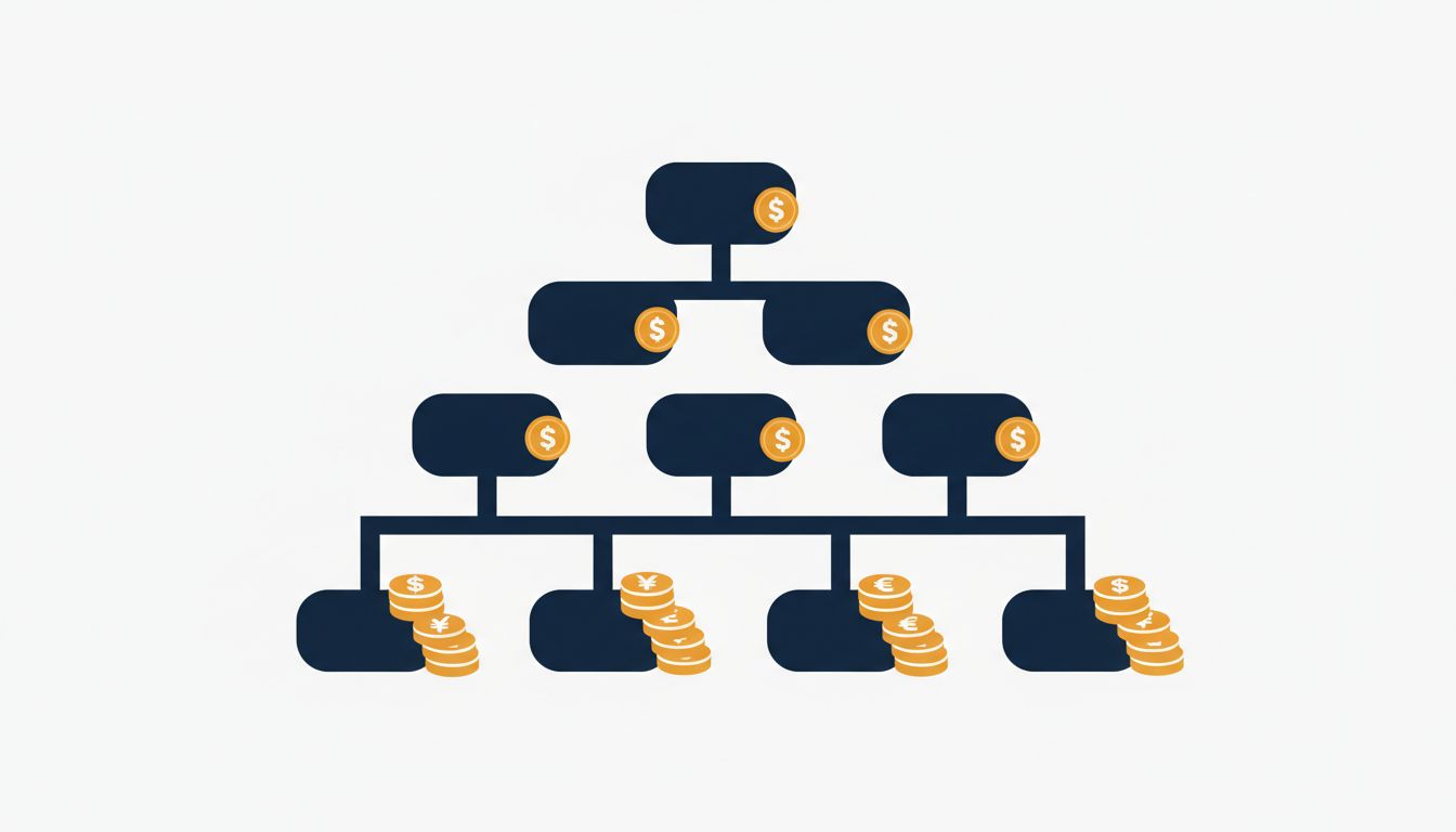 Abstract illustration of a B-tree index structure with cost indicators on each node