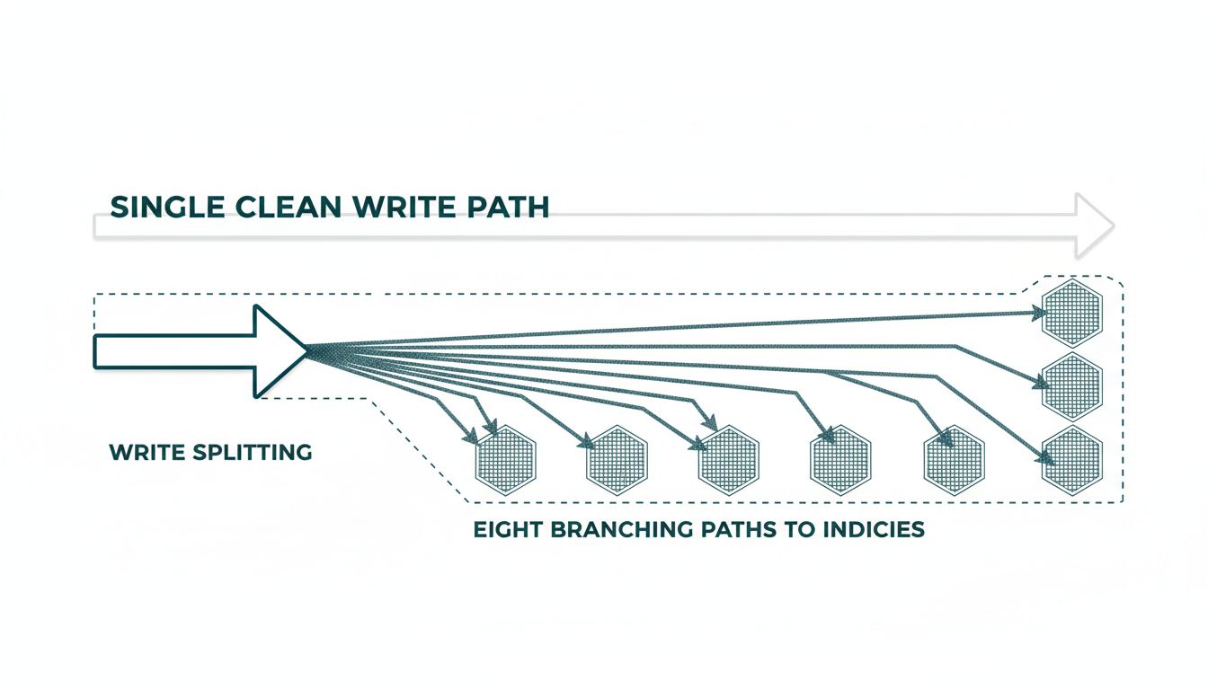 Diagram showing how a single write operation multiplies into multiple index write operations